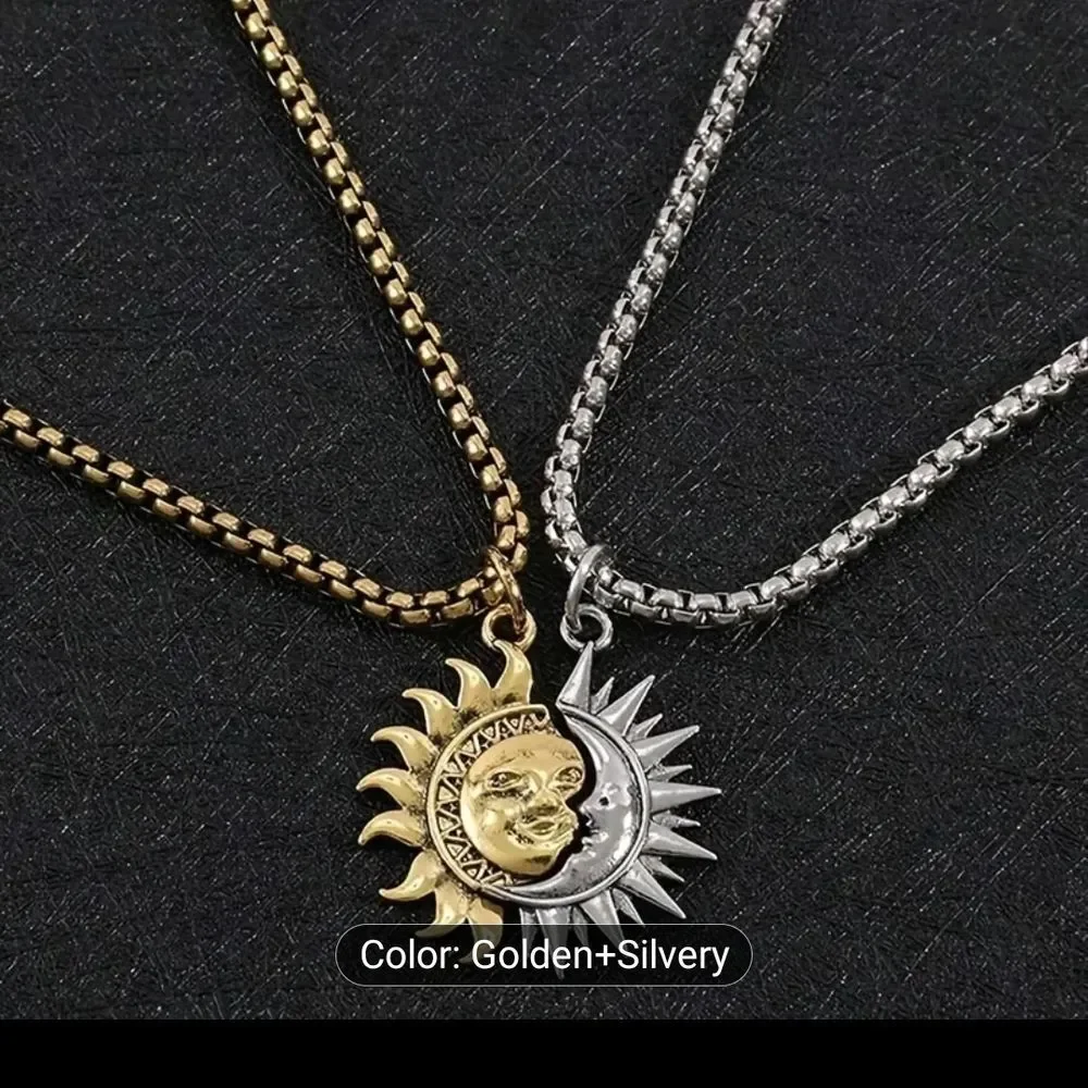 Golden and Silvery Sun and Moon Charm Pendant Set